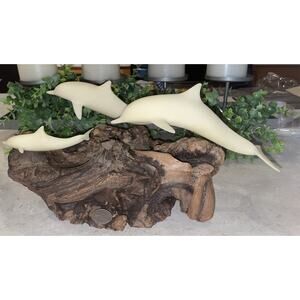 Vintage John Perry 2 Manatee & Calf Sculpture On Wood Large 14x7.5x7.5”